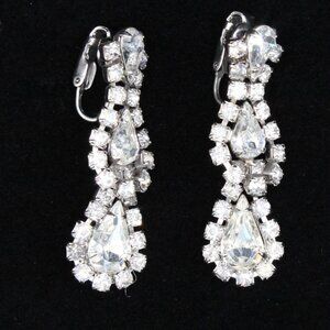 VINTAGE Signed Weiss Rhinestone Teardrop Earrings. 1950s Hollywood Glam